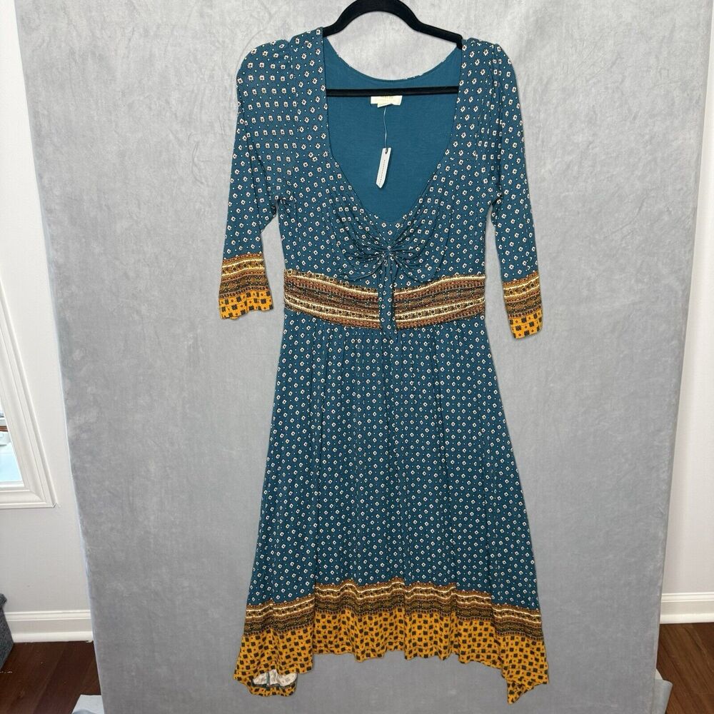 Anthropologie Teal Midi Dress with Mustard Trim